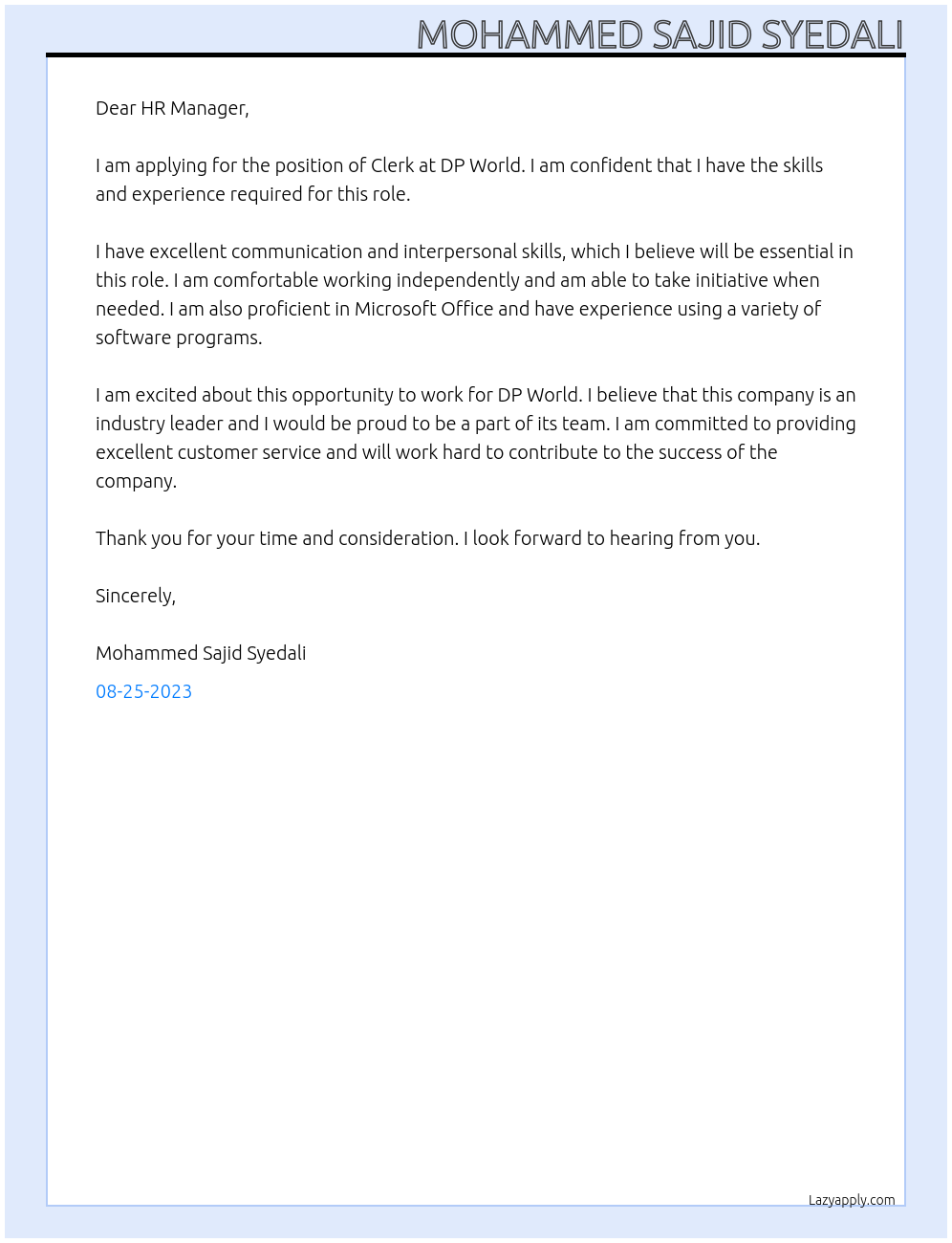 Clerk  At DP WORLD  Cover Letter