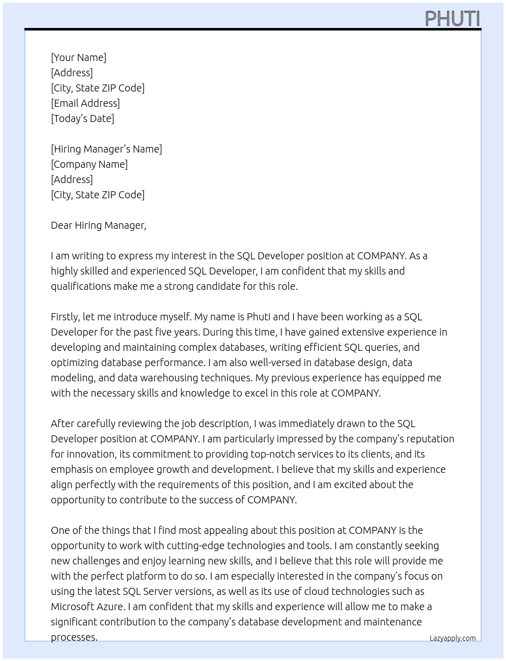 SQL DEVELOPER At COMPANY Cover Letter