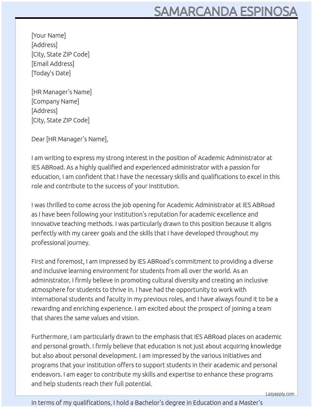 Academic Administrator At IES ABRoad Cover Letter