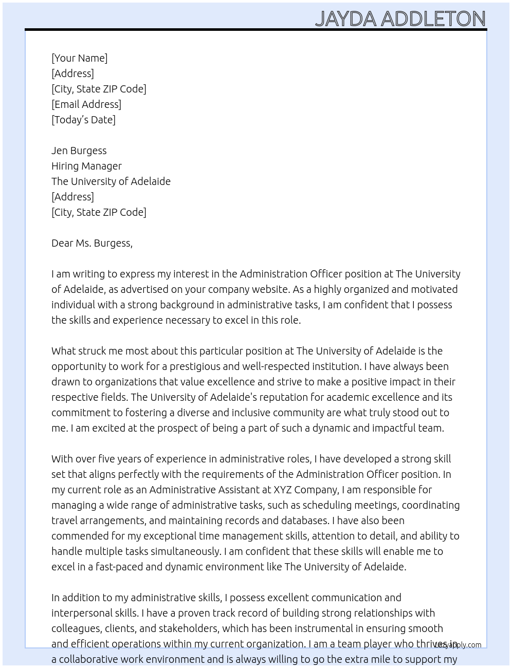 Administration Officer At The University of Adelaide Cover Letter