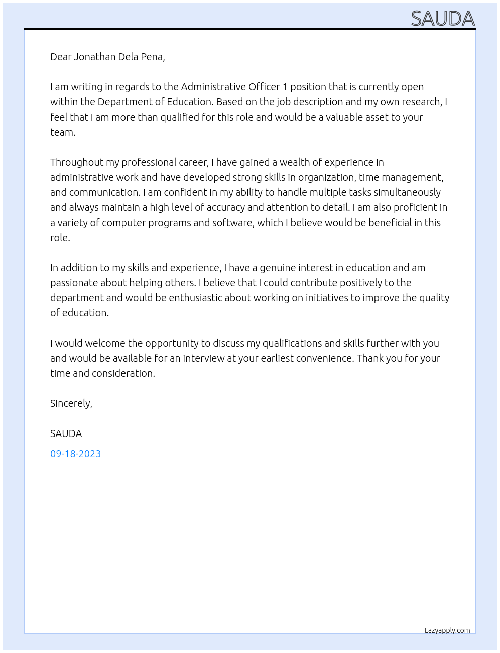 Administrative Officer 1 At Department of Education Cover Letter