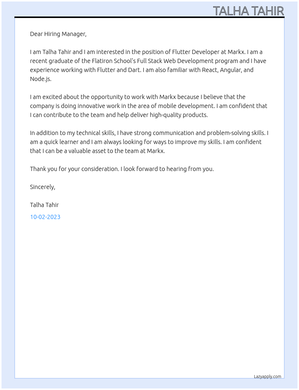 Flutter Developer At Markx Cover Letter