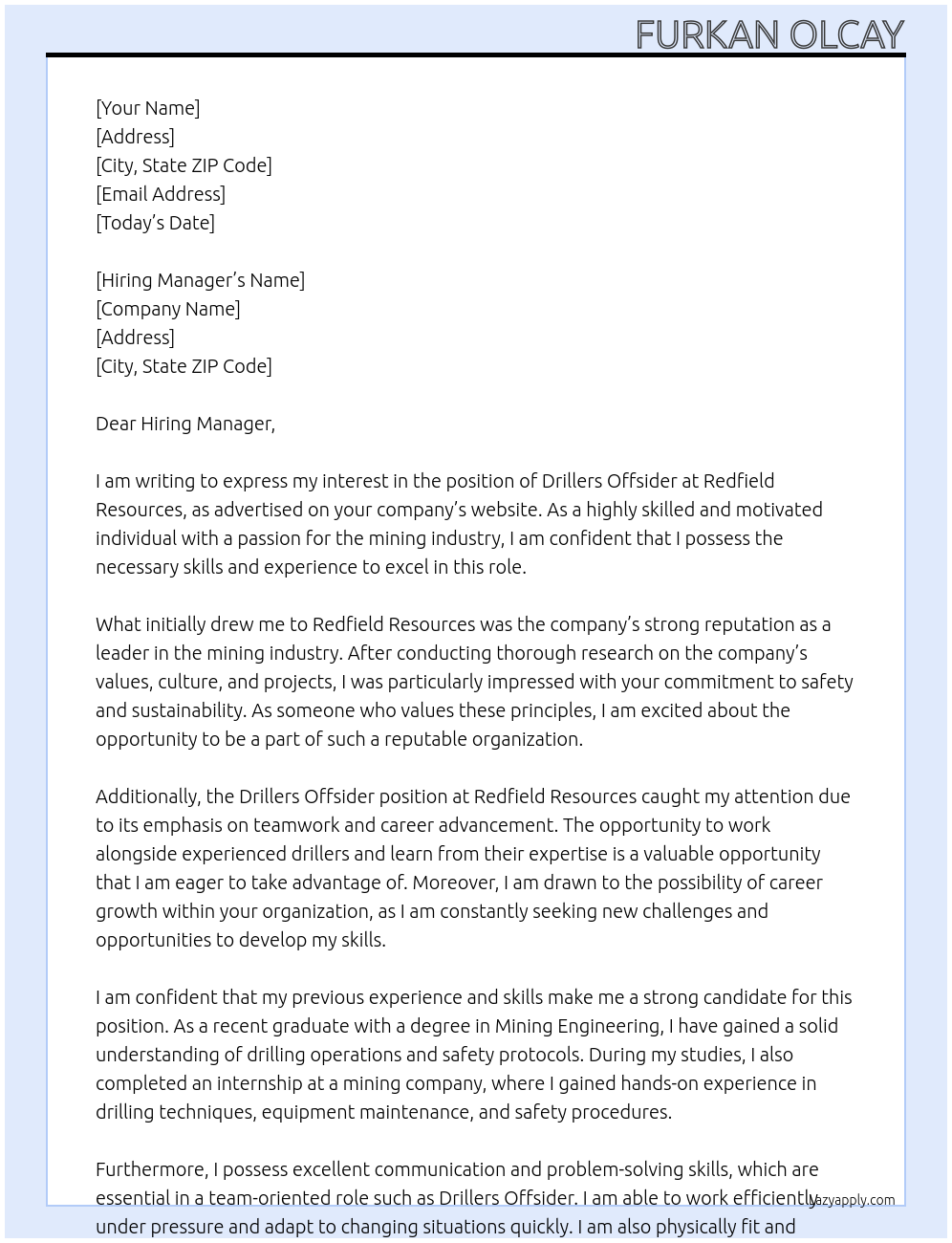 drillers offsider At Redfield Resources Cover Letter