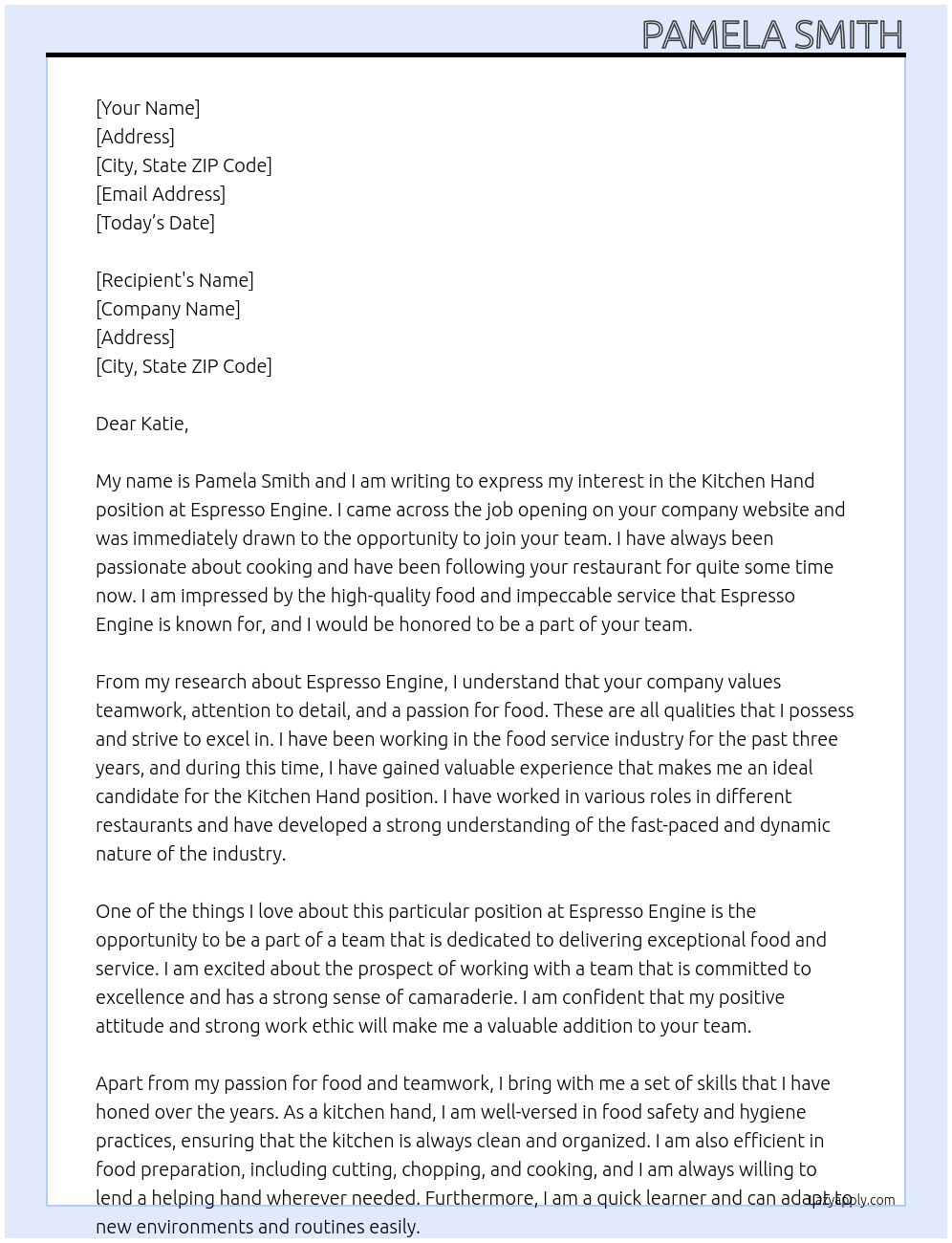 Kitchen hand At Espresso engine Cover Letter