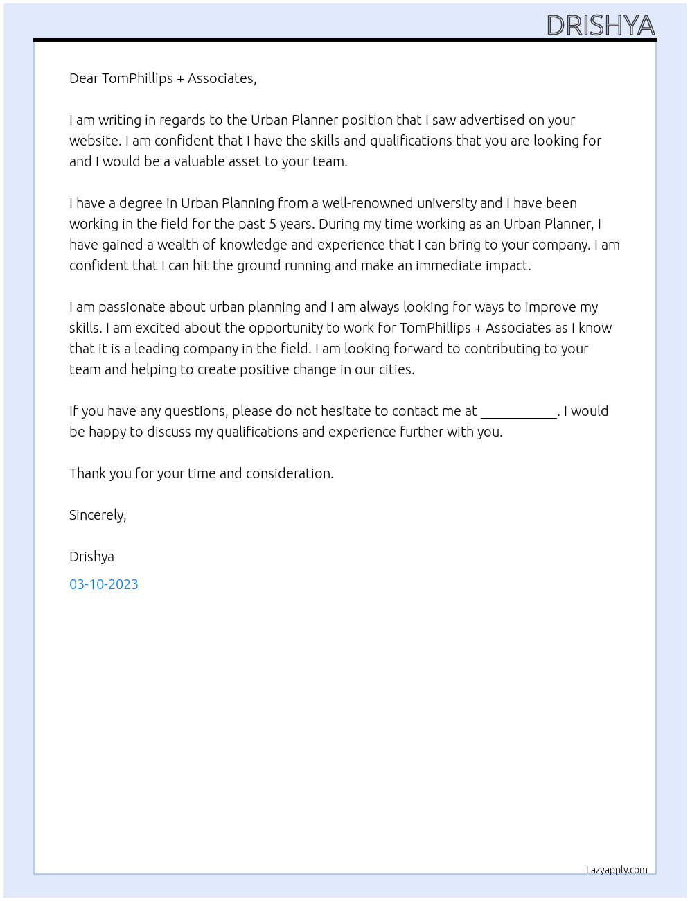 Urban Planner At TOMPHILLIPS + ASSOCIATES Cover Letter