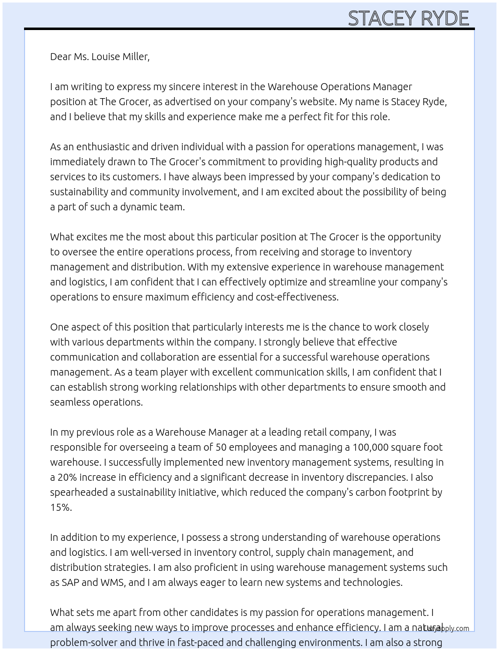 Warehouse Operations Manager At The Grocer  Cover Letter