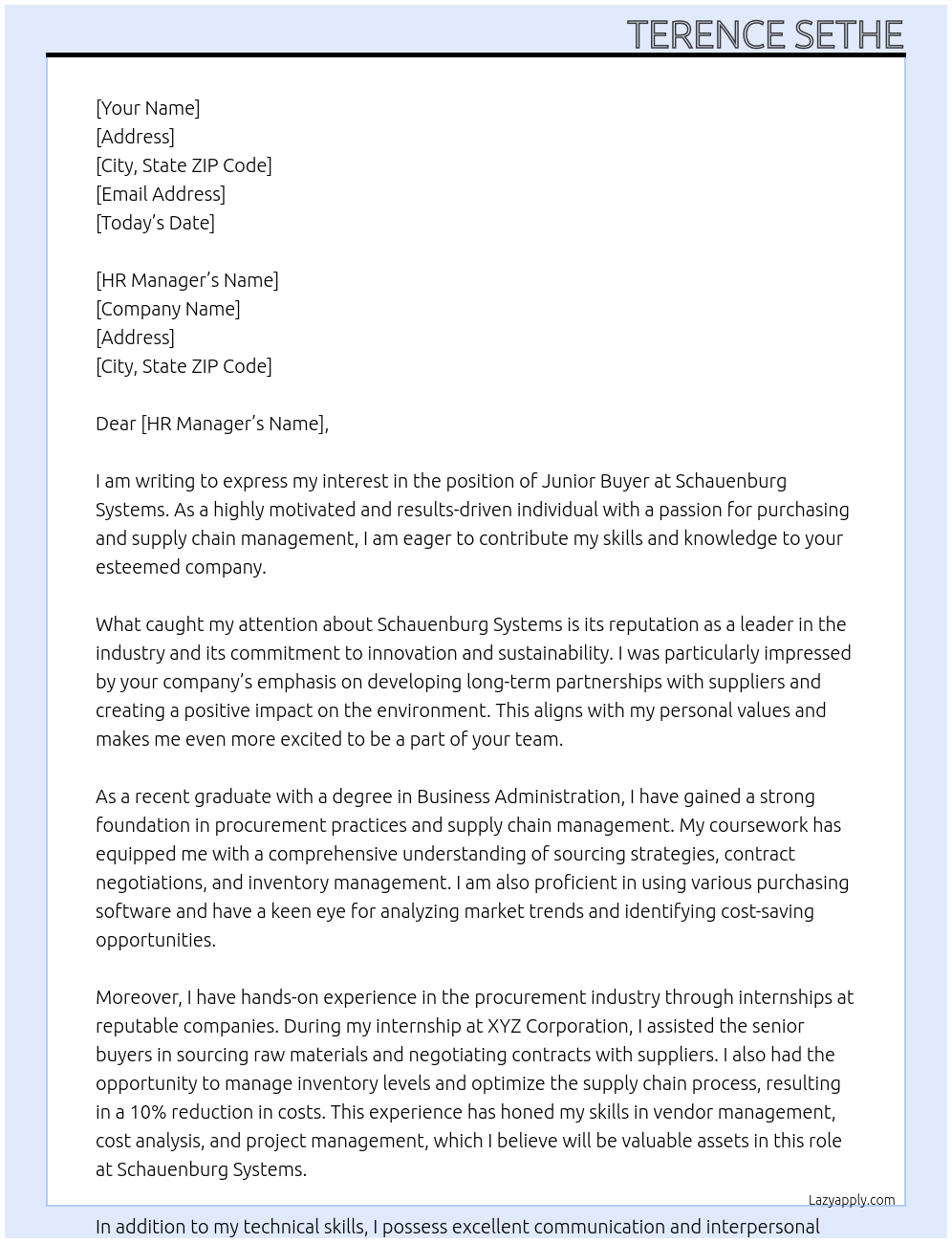 Junior buyer At Schauenburg systems Cover Letter