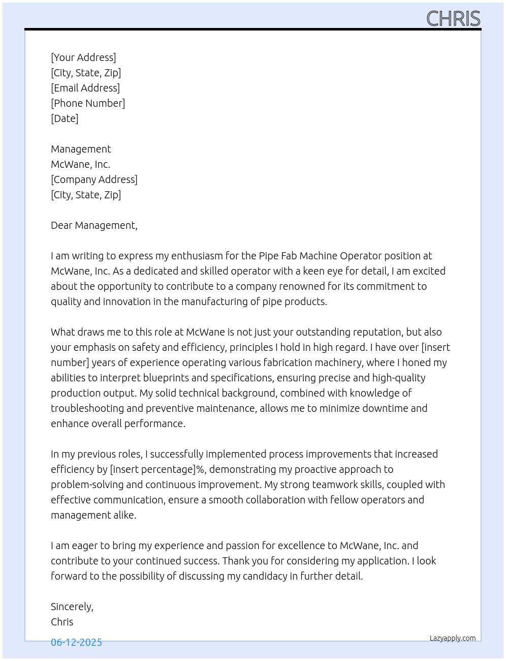 Cover letter for pipe fab machine operator - LazyApply