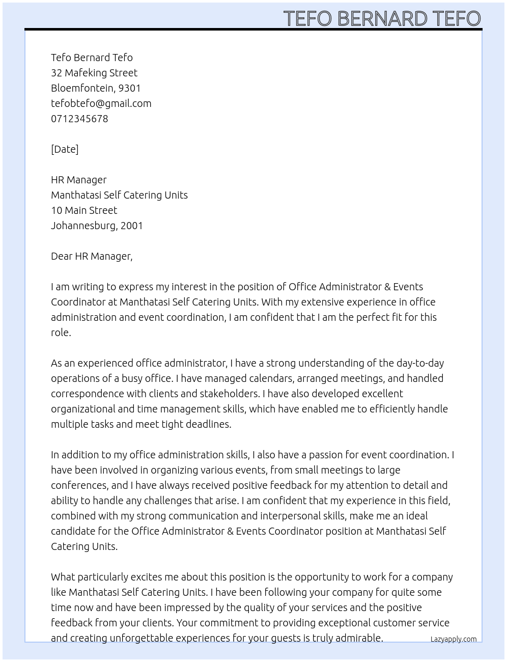 Cover letter for 𝗢𝗳𝗳𝗶𝗰𝗲 𝗔𝗱𝗺𝗶𝗻 & 𝗘𝘃𝗲𝗻𝘁𝘀 𝗖𝗼𝗼𝗿𝗱𝗶𝗻𝗮𝘁𝗼𝗿 - LazyApply