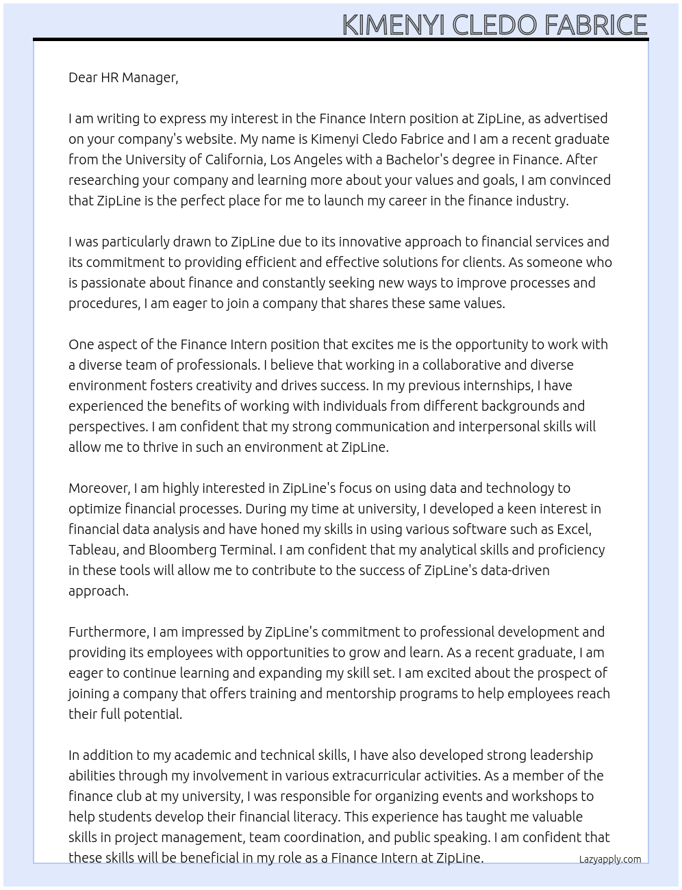 Finance Intern At ZipLine Cover Letter