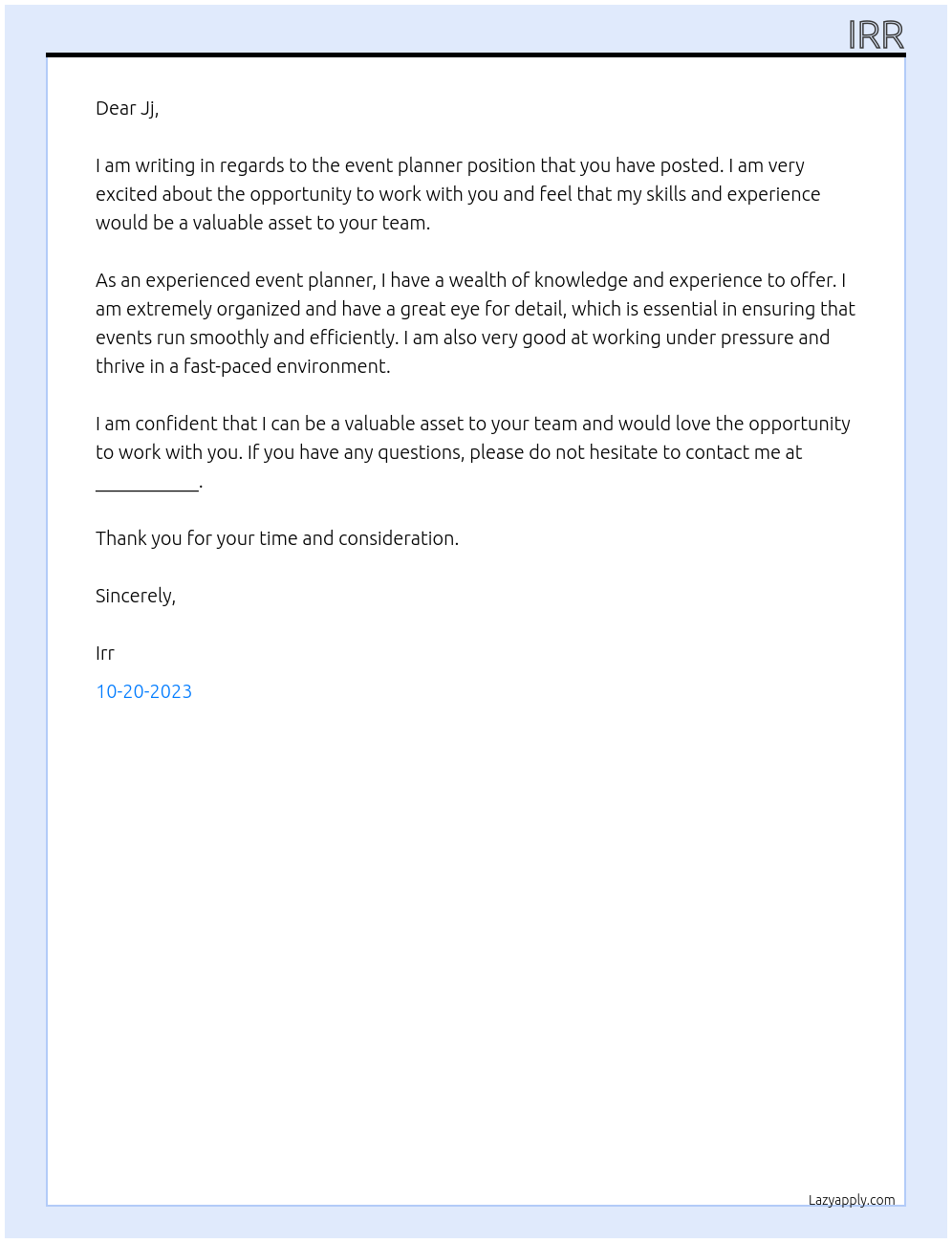 Event planner At Irr Cover Letter