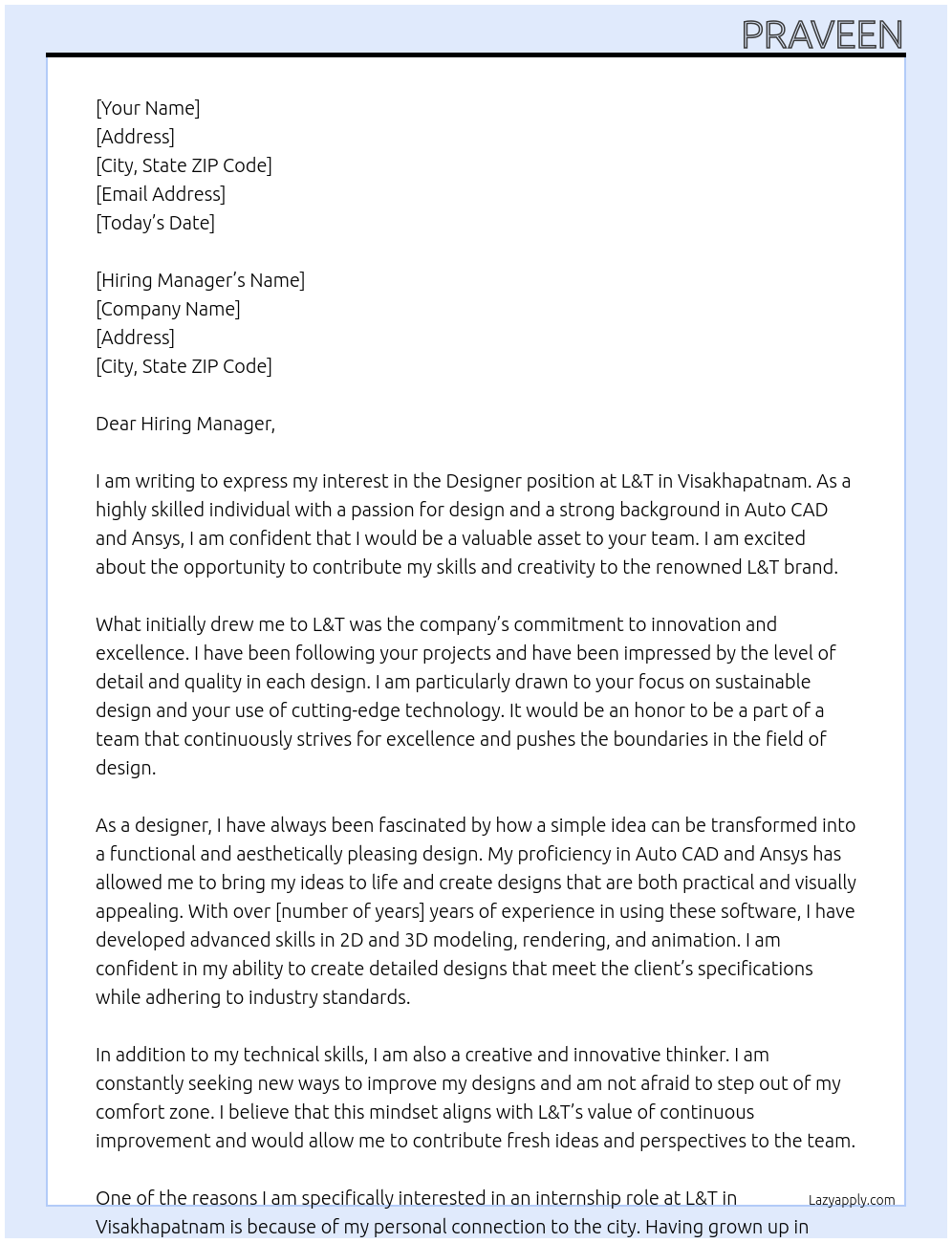 Designer At L & T Cover Letter