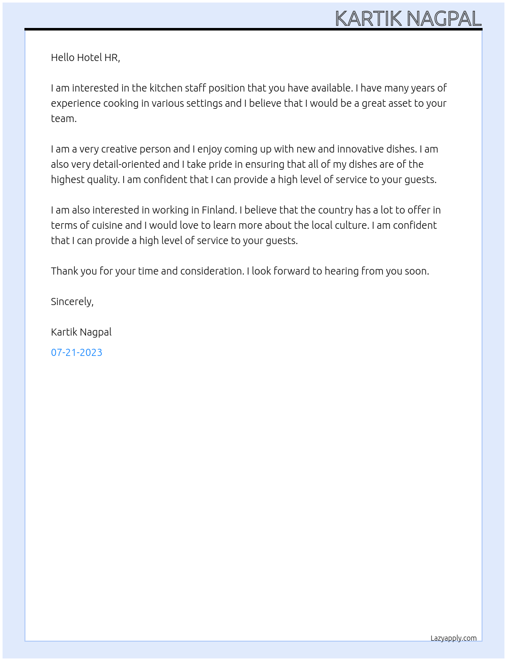 Kitchen staff At Hotels Cover Letter