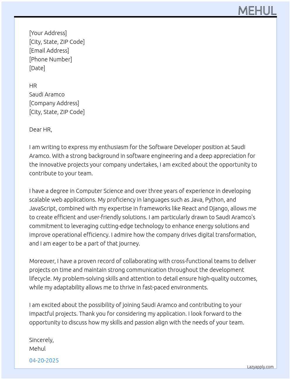 softwere develpoer  At saudi aramco Cover Letter