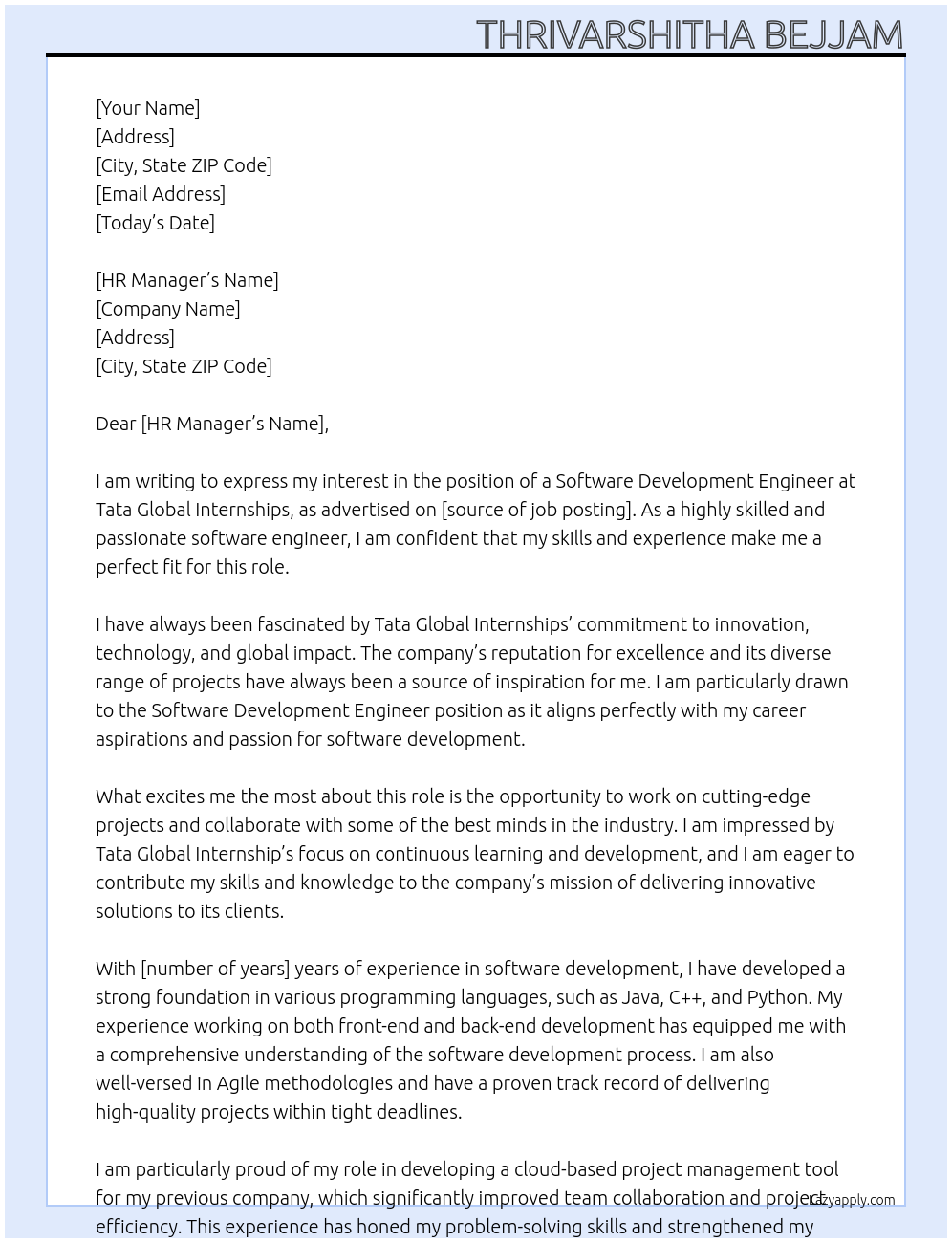 software development engineer At Tata Global Internships Cover Letter