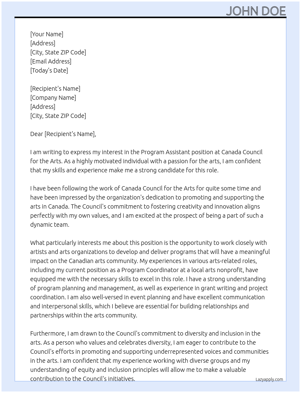 Program Assistant At Canada Council for the Arts Cover Letter