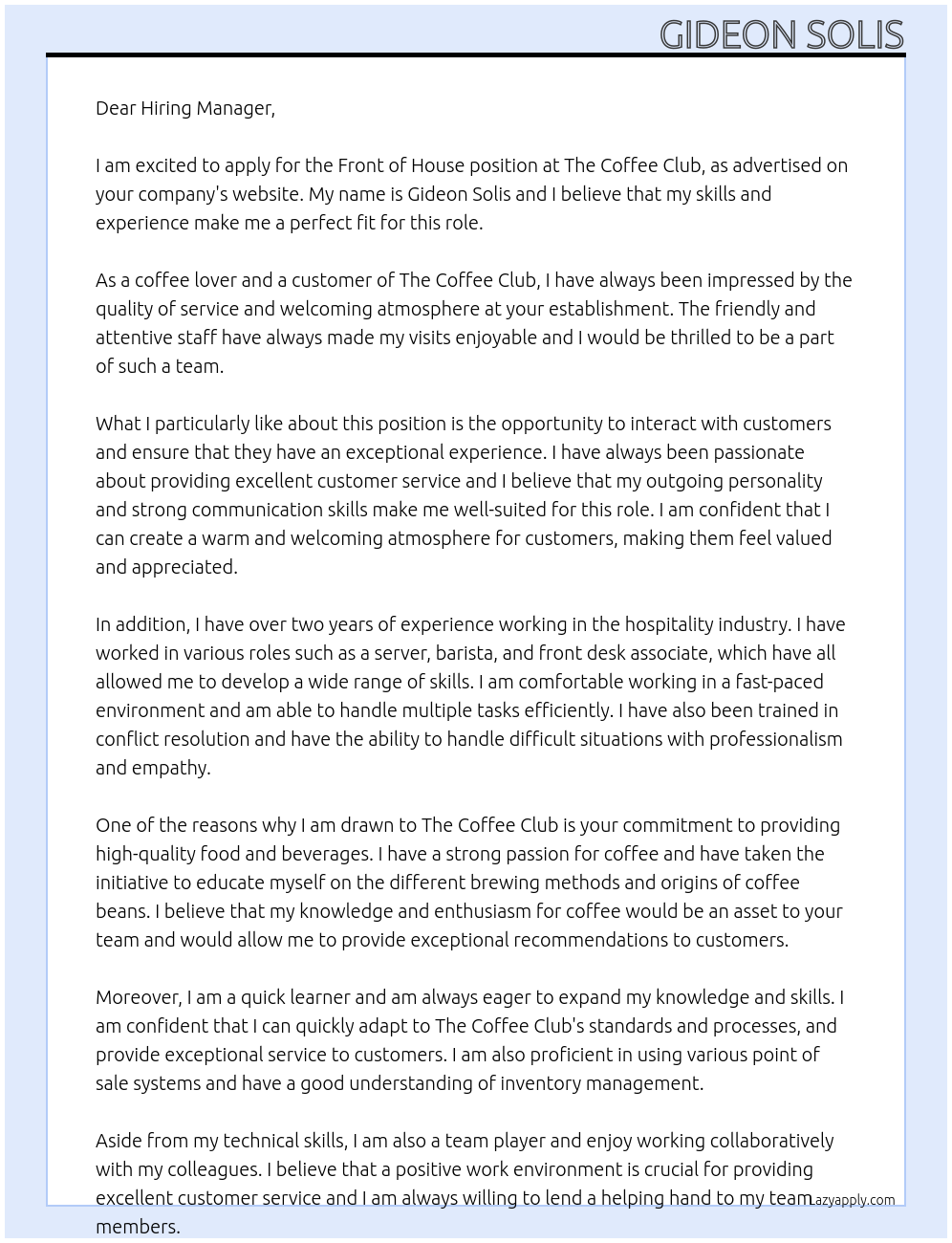 Front of House At The coffee club Cover Letter