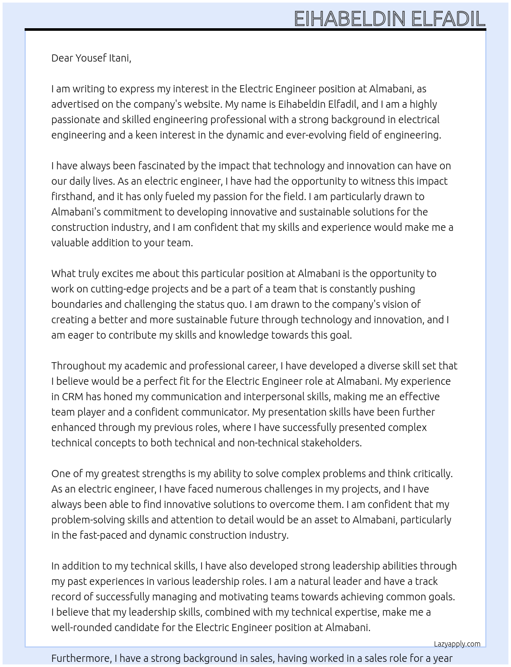 Electric Engineer At Almabani Cover Letter