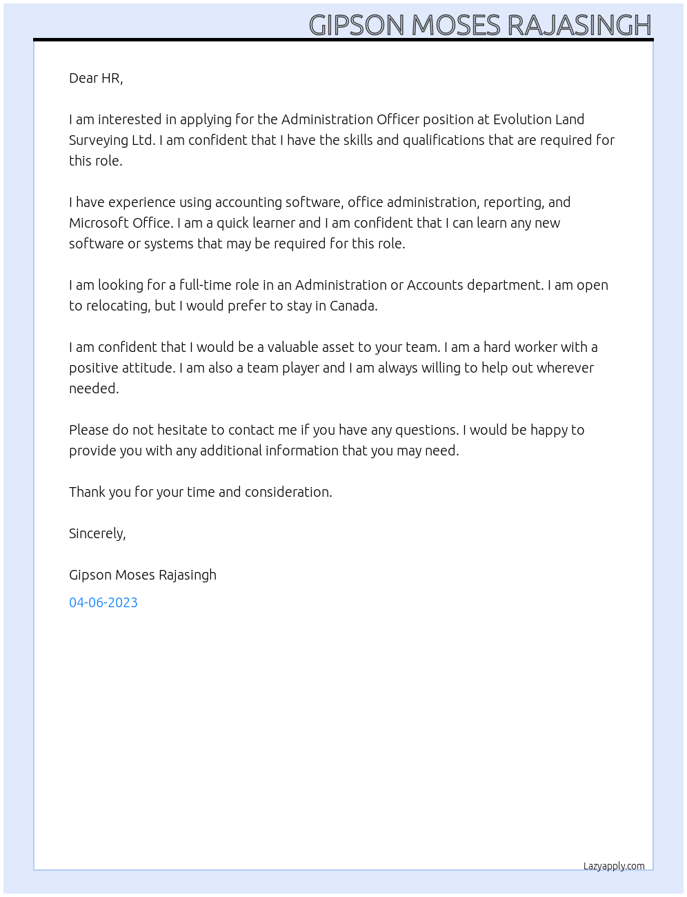 Administration officer At Evolution Land Surveying Ltd Cover Letter