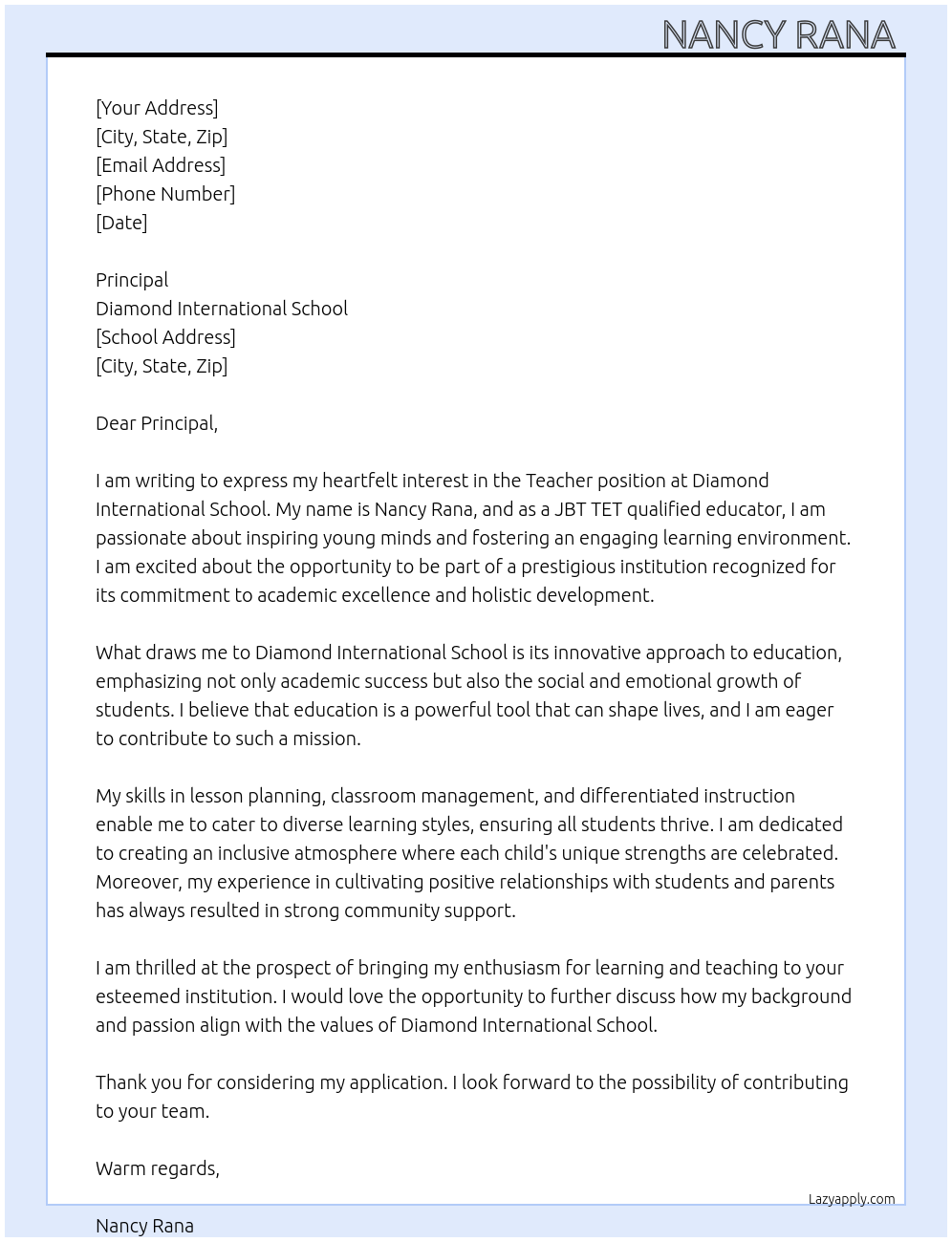 Teacher At Diamond international school Cover Letter