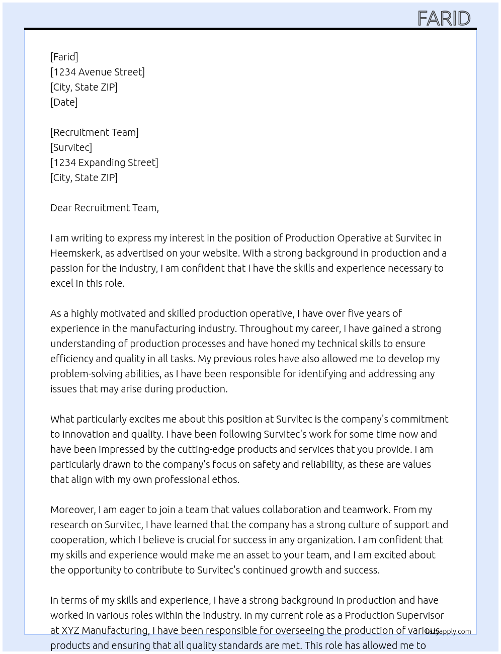 Production Operative At Survitec Cover Letter