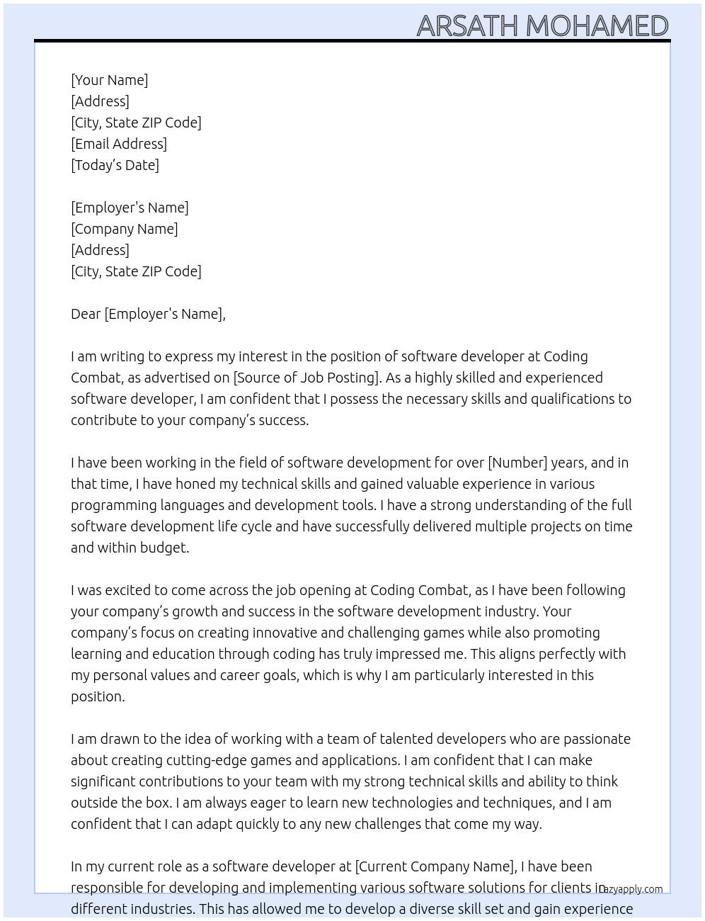 software developers At coding combat Cover Letter