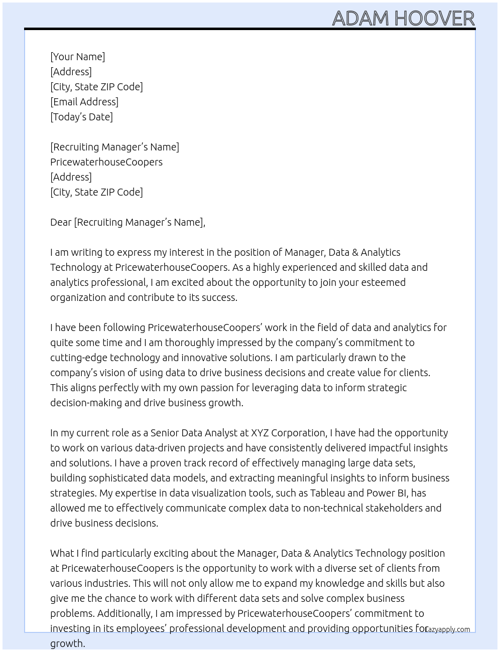 Manager, Data & Analytics Technology At PricewaterhouseCoopers Cover Letter