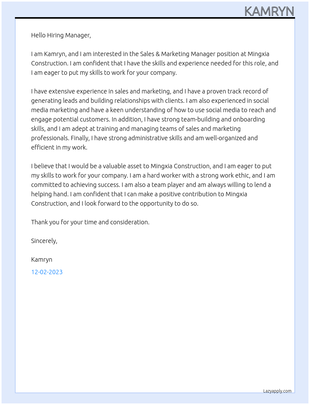 Sales & Marketing Manager At Mingxia Construction Cover Letter