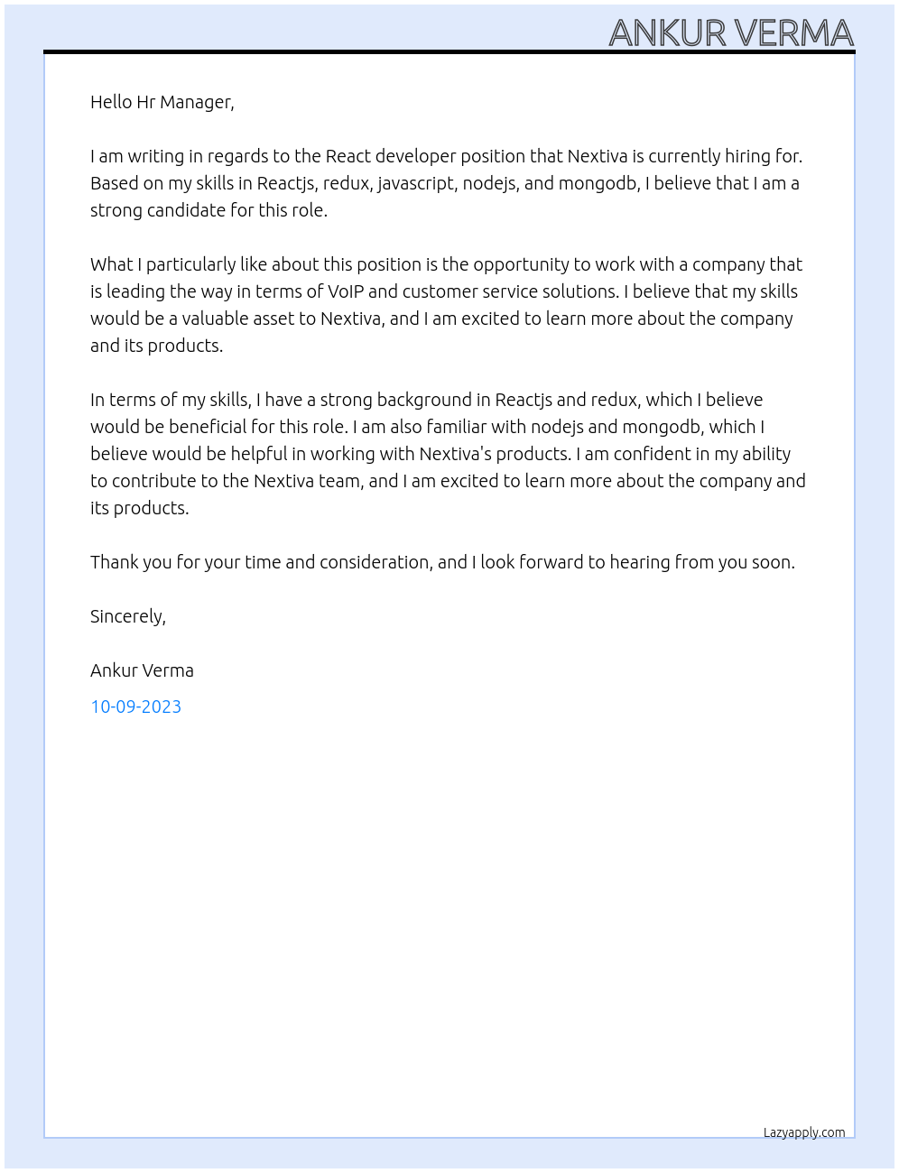 React developer At Nextiva Cover Letter