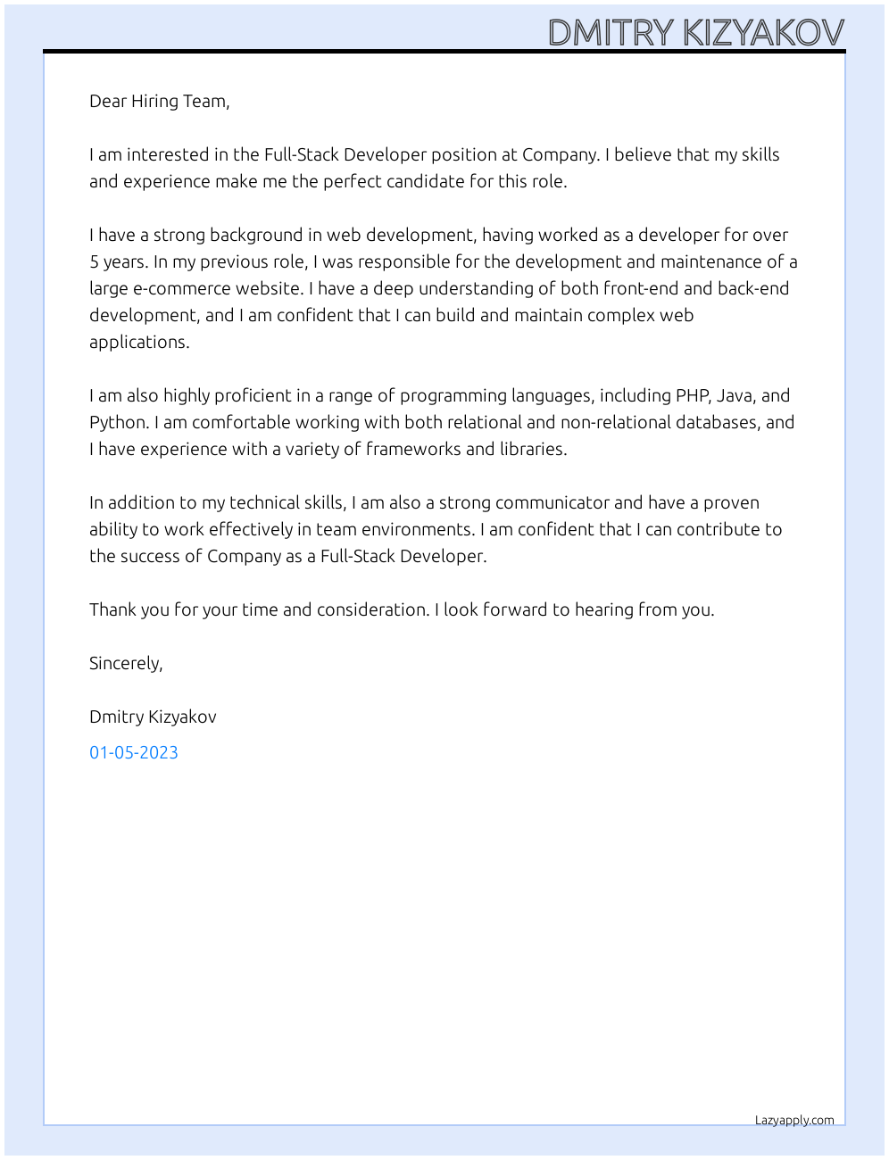Cover letter for fullstack developer - LazyApply