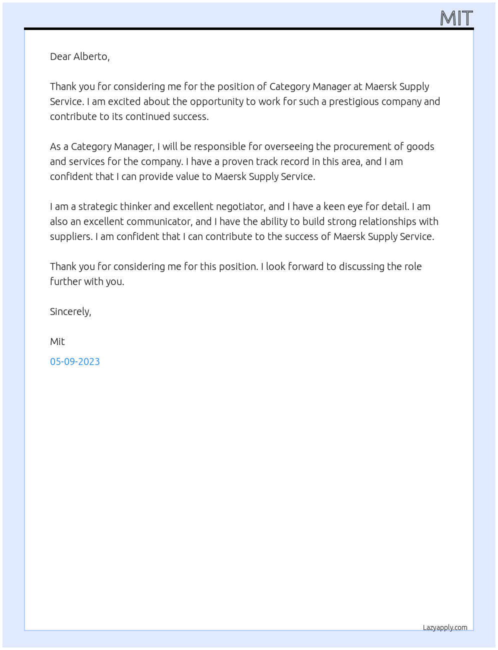 Category Manager At Maersk Supply Service Cover Letter