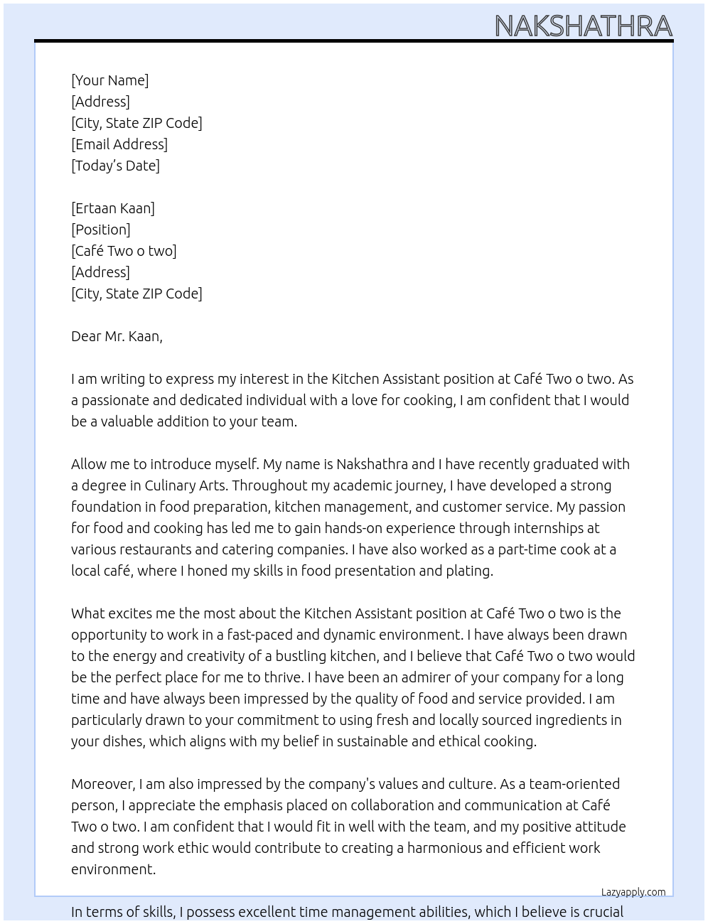 kitchen assistant At Café Two o two Cover Letter