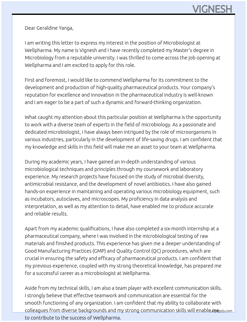 Microbiologist At Wellpharma Cover Letter