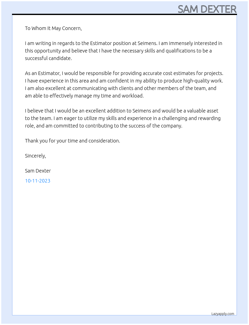 Estimator At Seimens Cover Letter