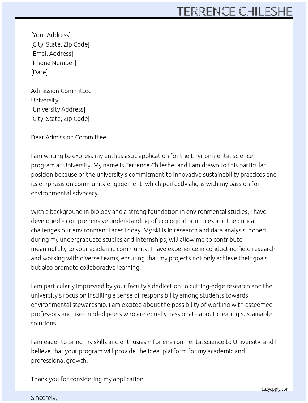 Environmental Science At University Cover Letter