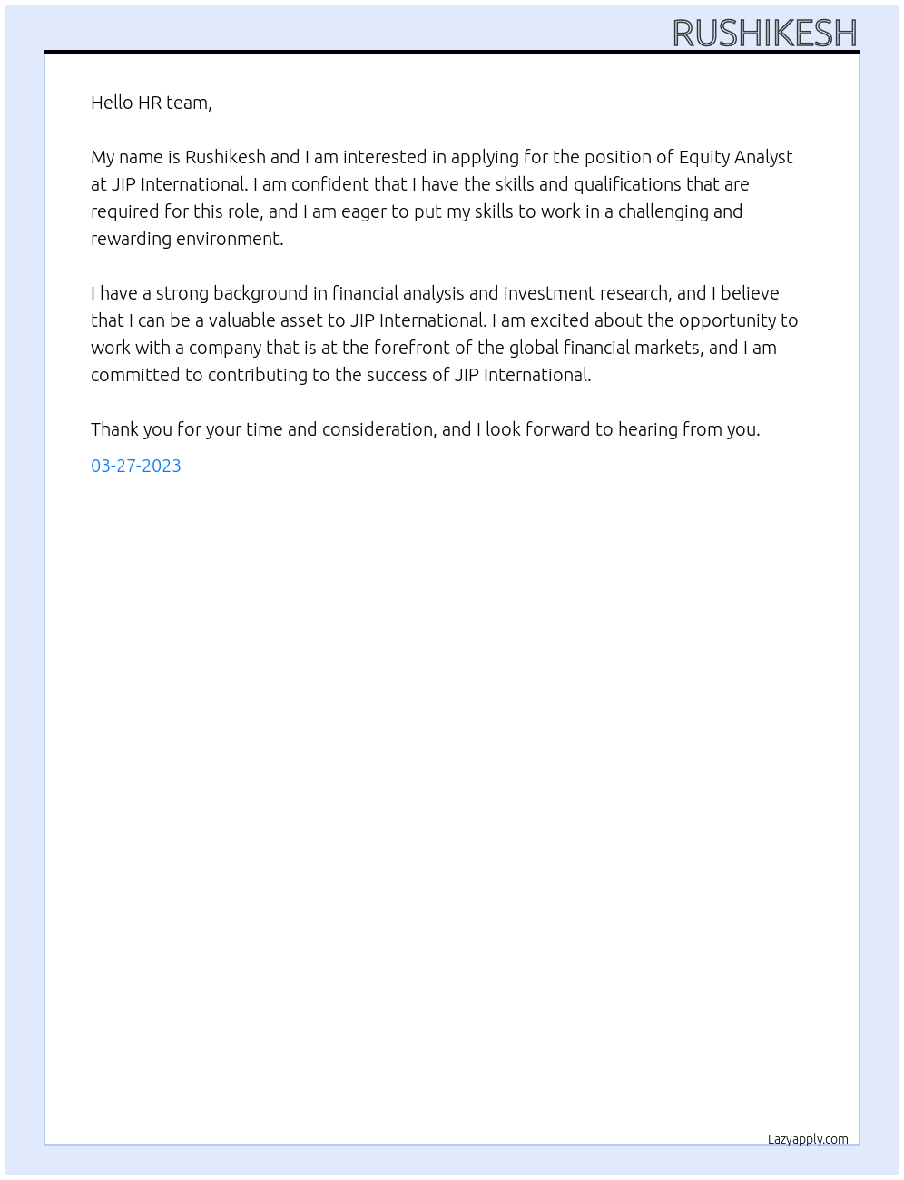 Equity Analyst At JIP International Cover Letter