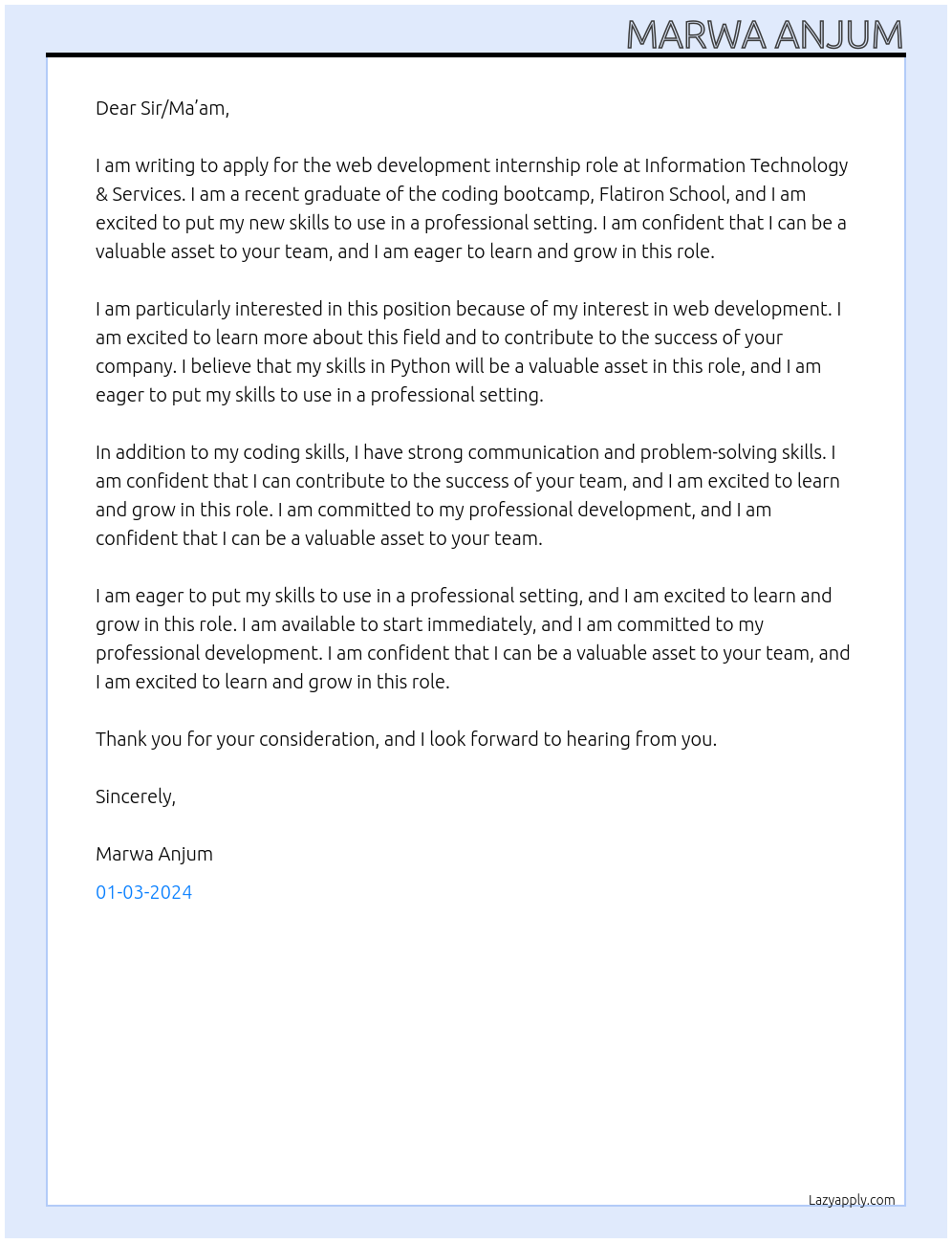 web development At Information Technology & Services Cover Letter