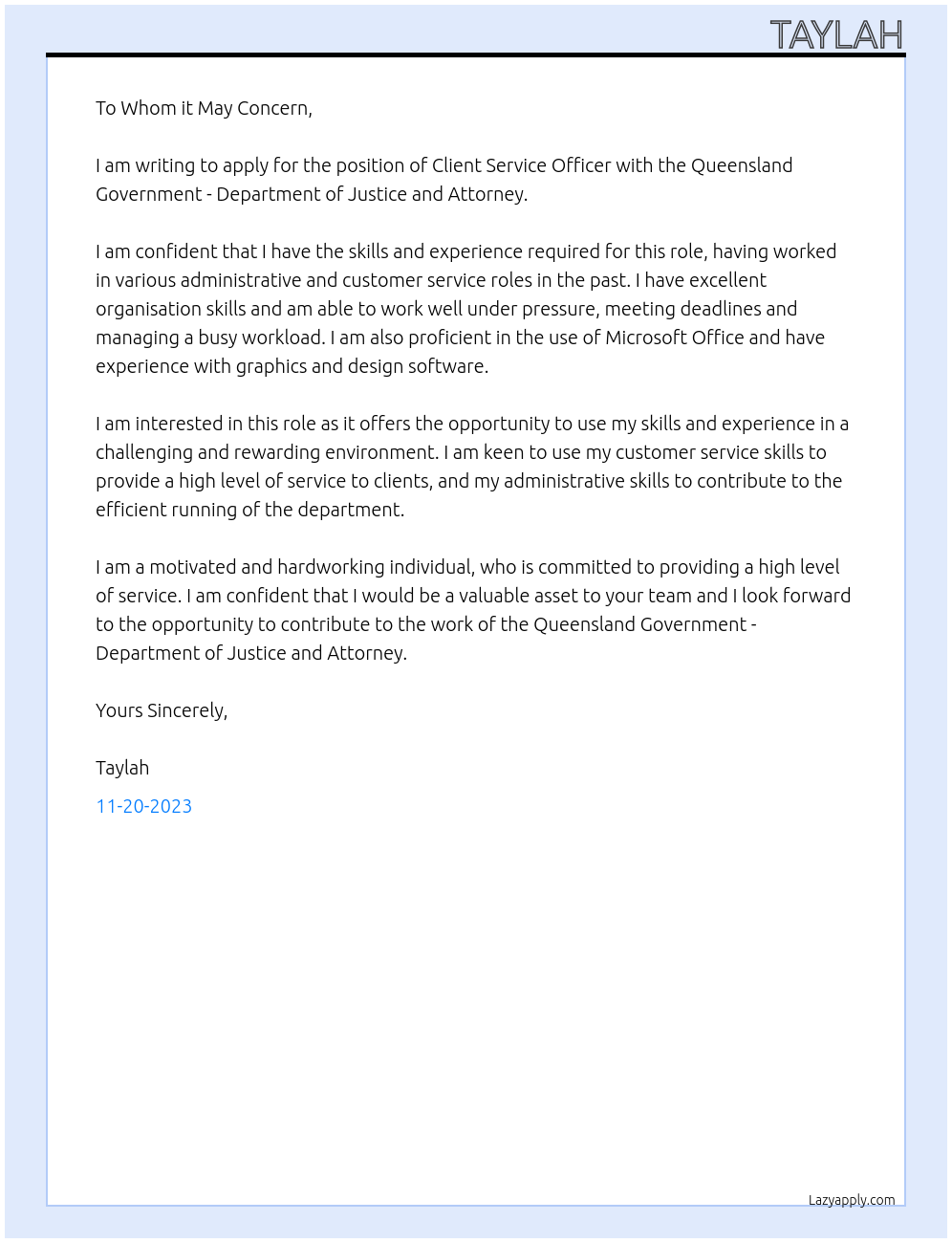 Client Service Officer At Queensland Government - Department of Justice and Attorney Cover Letter