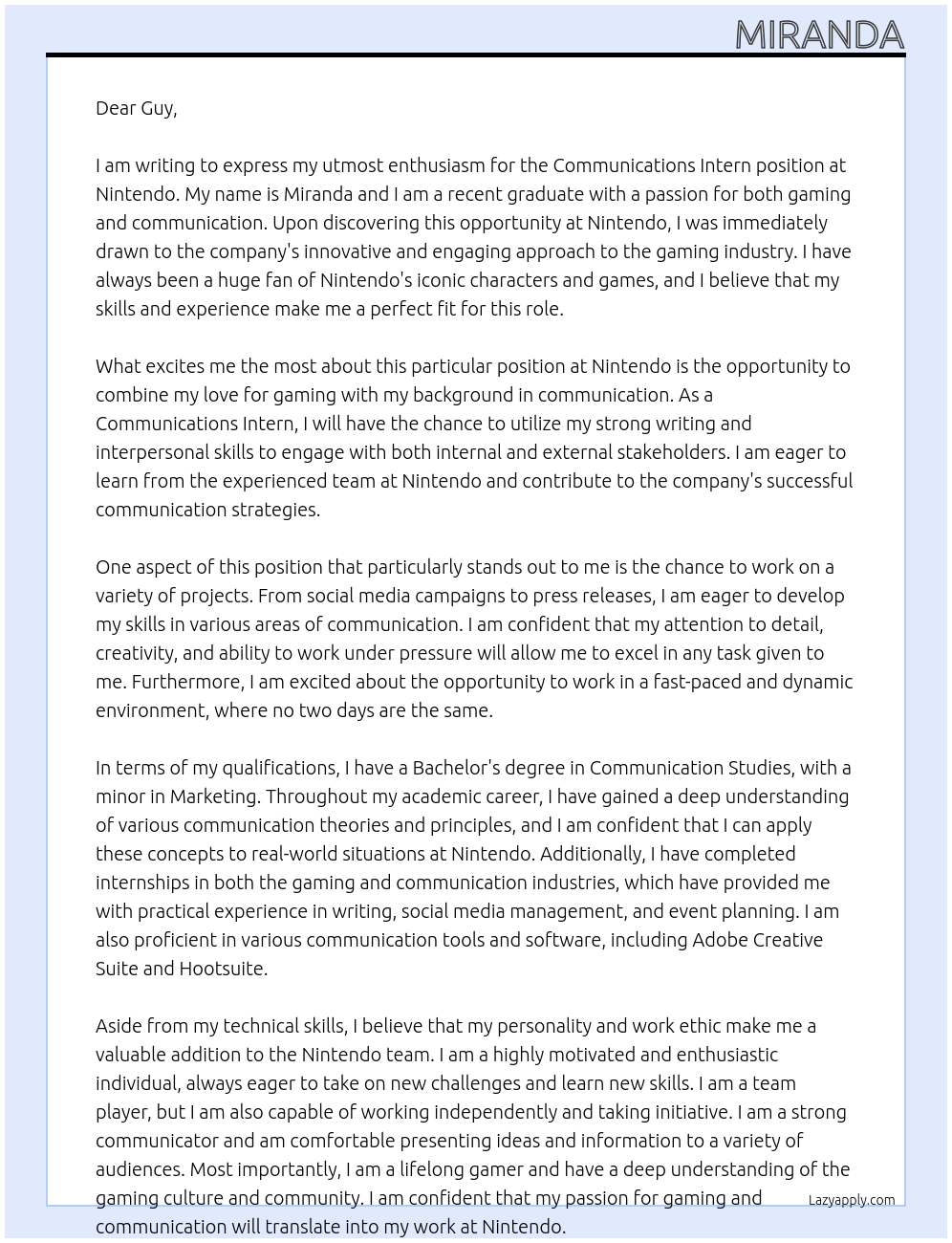 Communications Intern At Nintendo Cover Letter