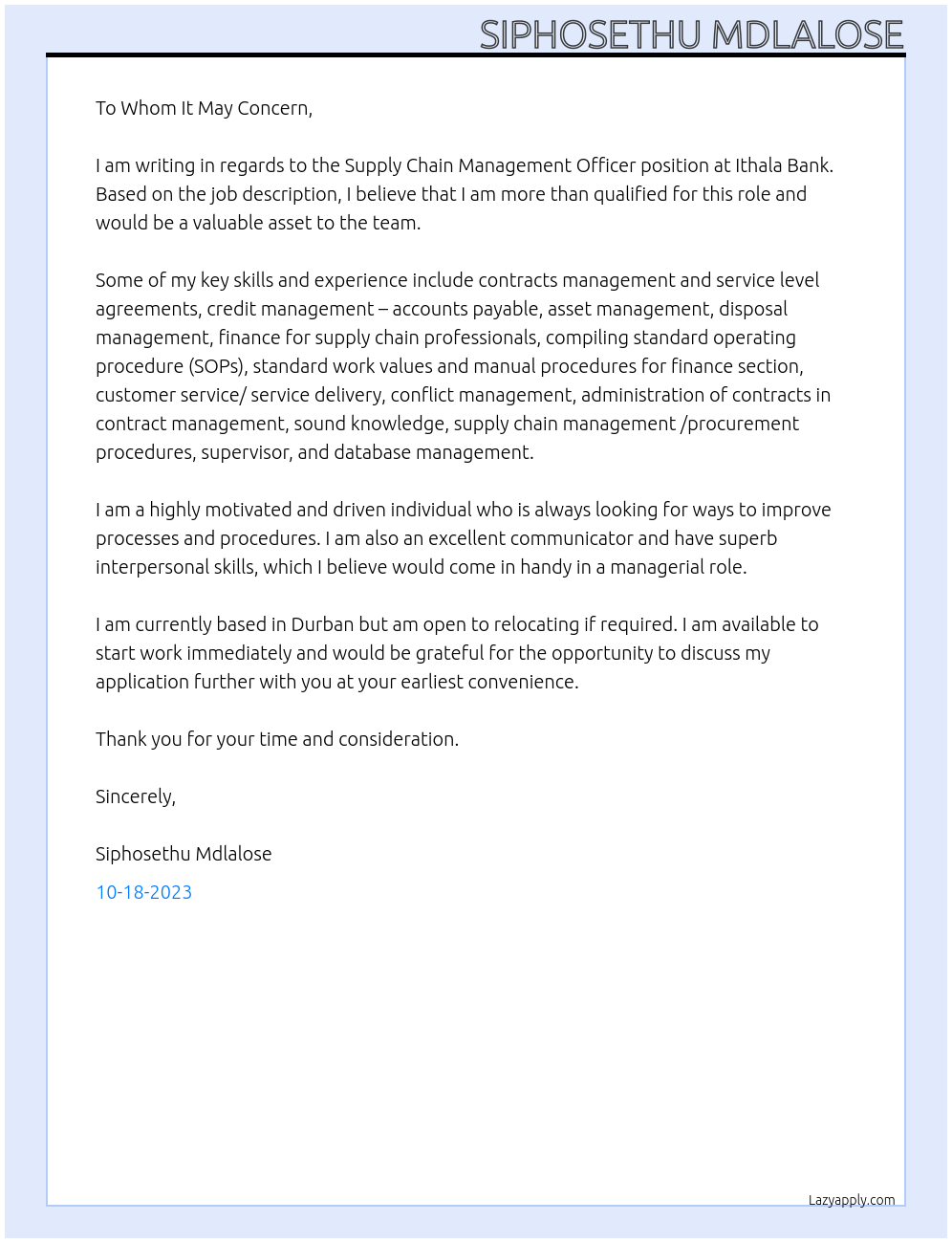 Supply Chain Management Officer At Ithala Bank Cover Letter