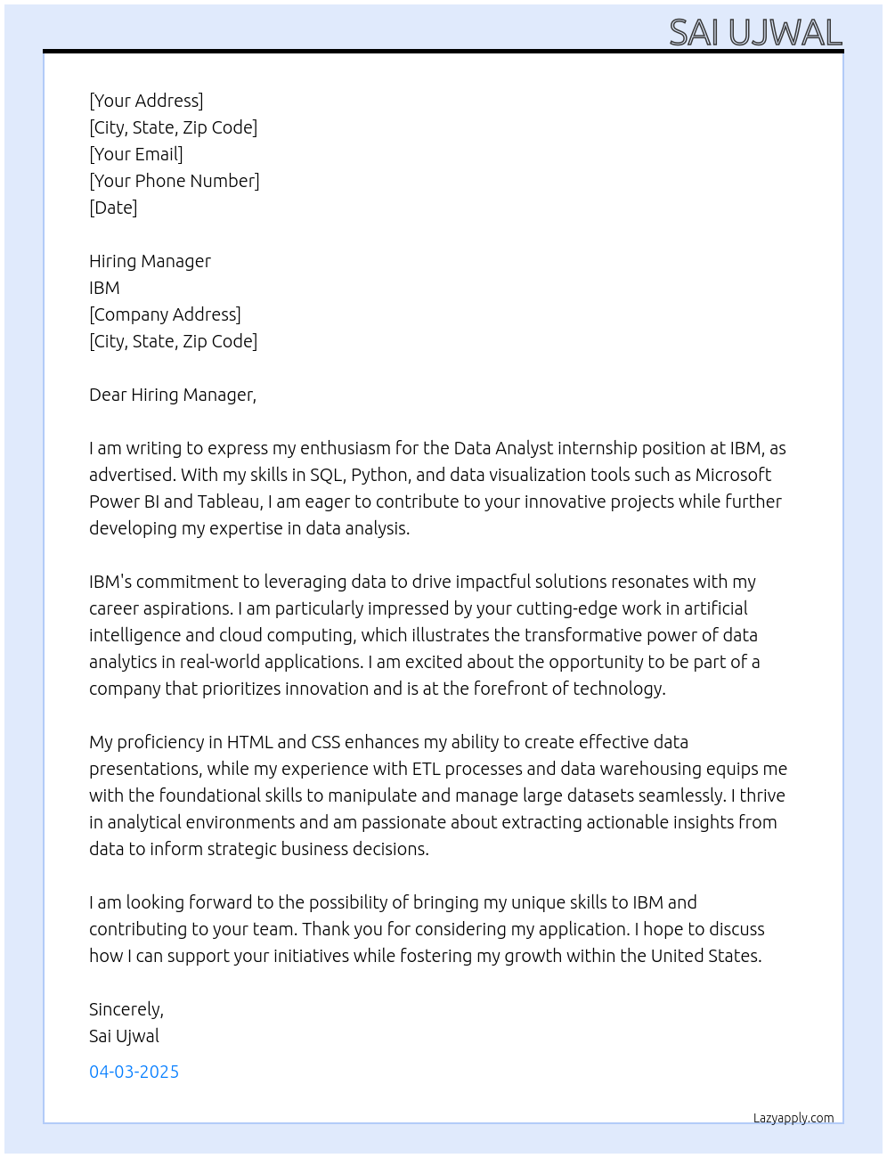 Data Analyst At IBM Cover Letter