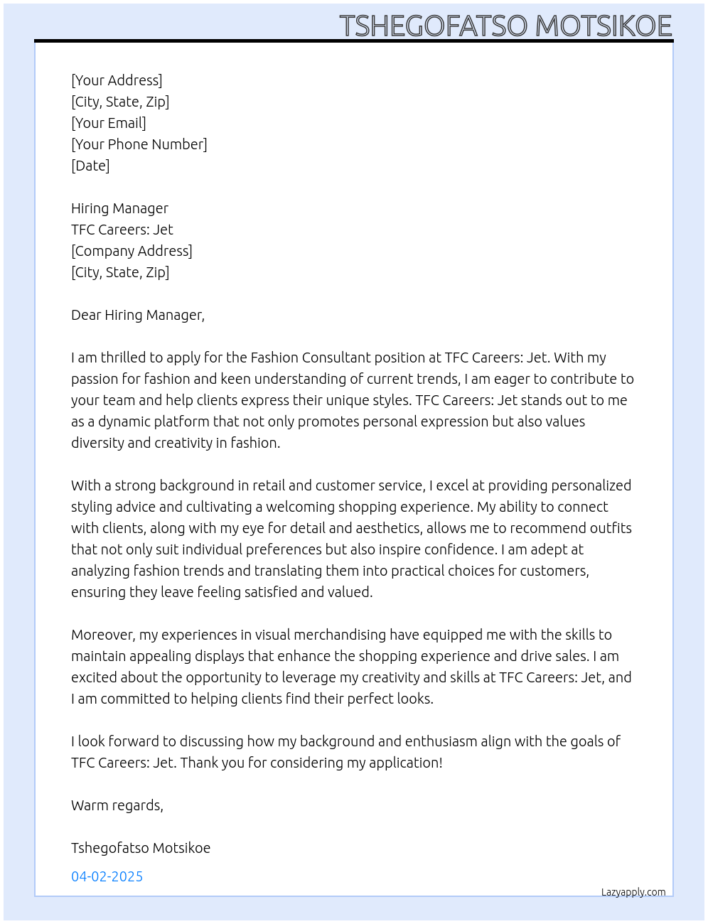 Fashion Consultant At TFC Careers : Jet Cover Letter