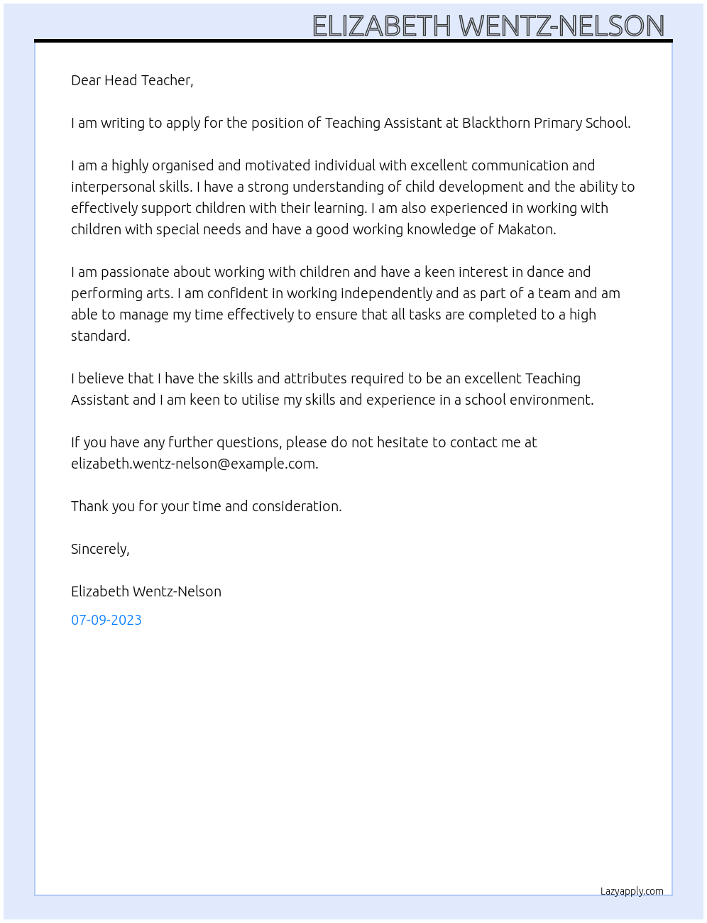 Teaching assistant At Blackthorn Primary School Cover Letter