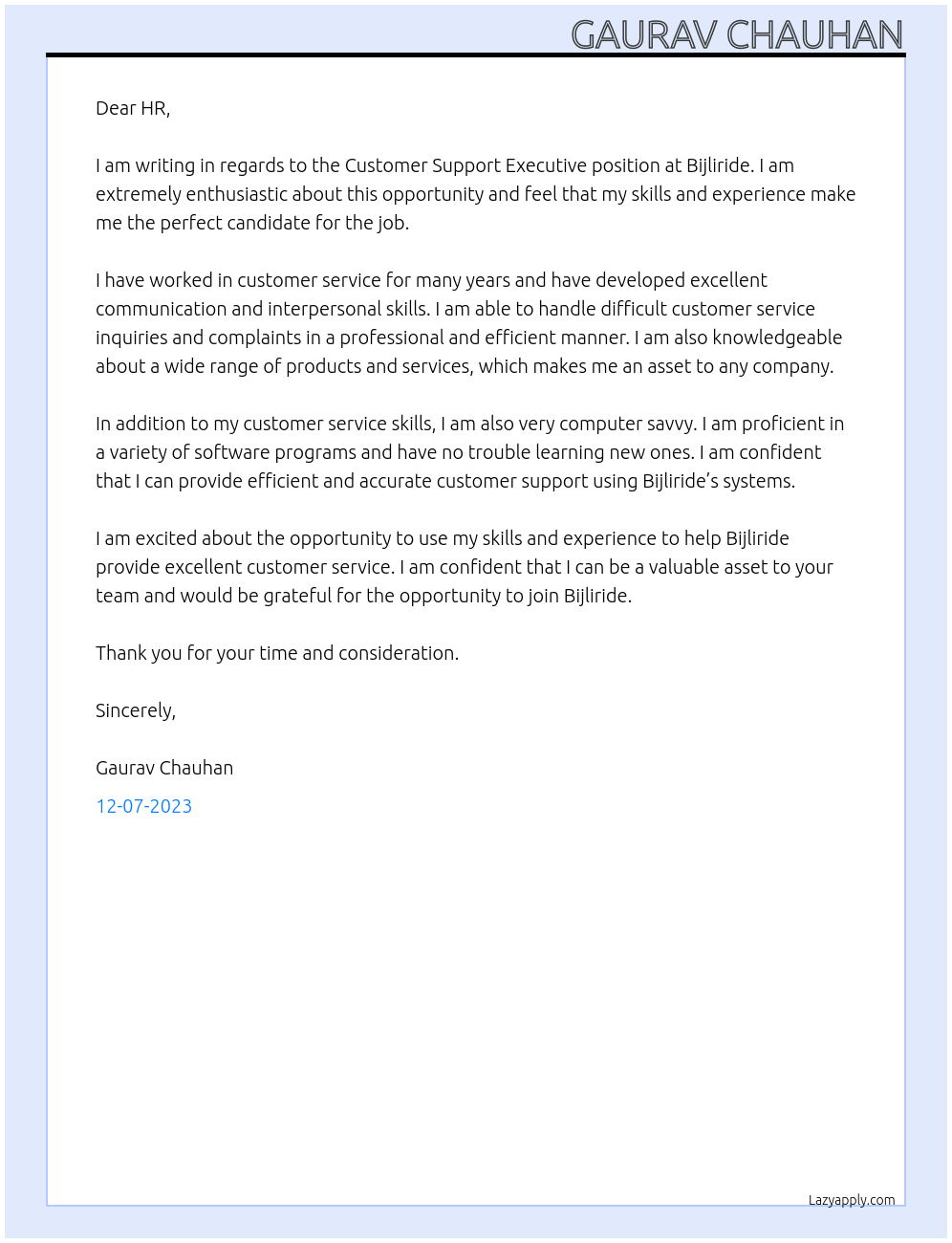 Customer Support Executive At Bijliride Cover Letter