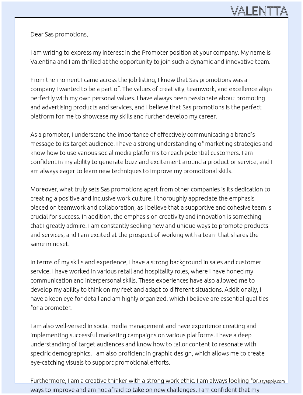 Promoter At Sas promotions Cover Letter