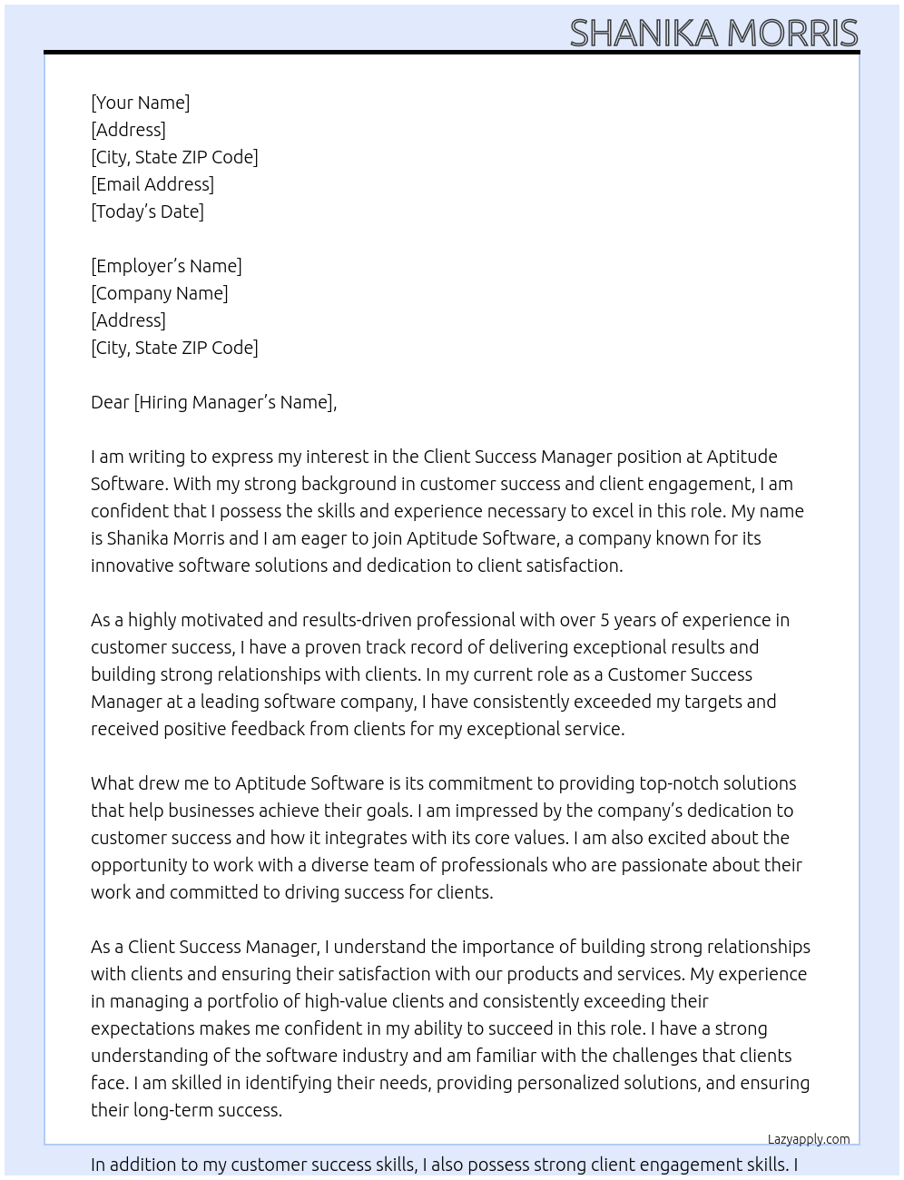 Client Success Manager  At Aptitude Software  Cover Letter
