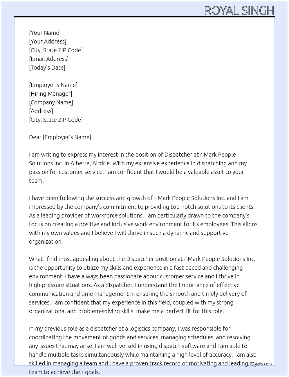 Dispatcher At riMark People Solutions Inc. - CA Alberta Airdrie Cover Letter