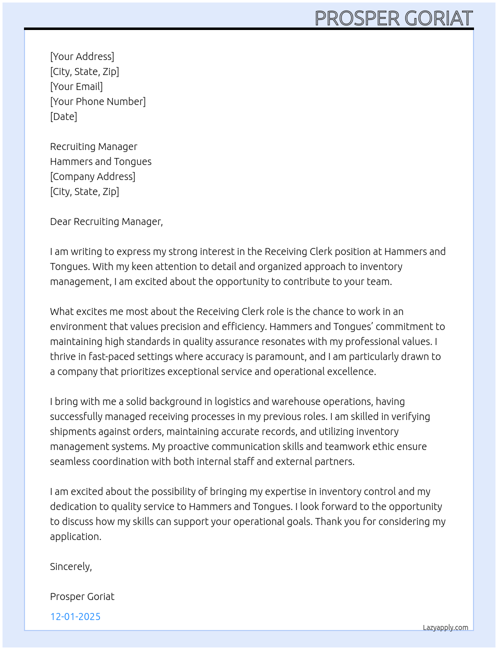 Cover letter for receiving clerk - LazyApply