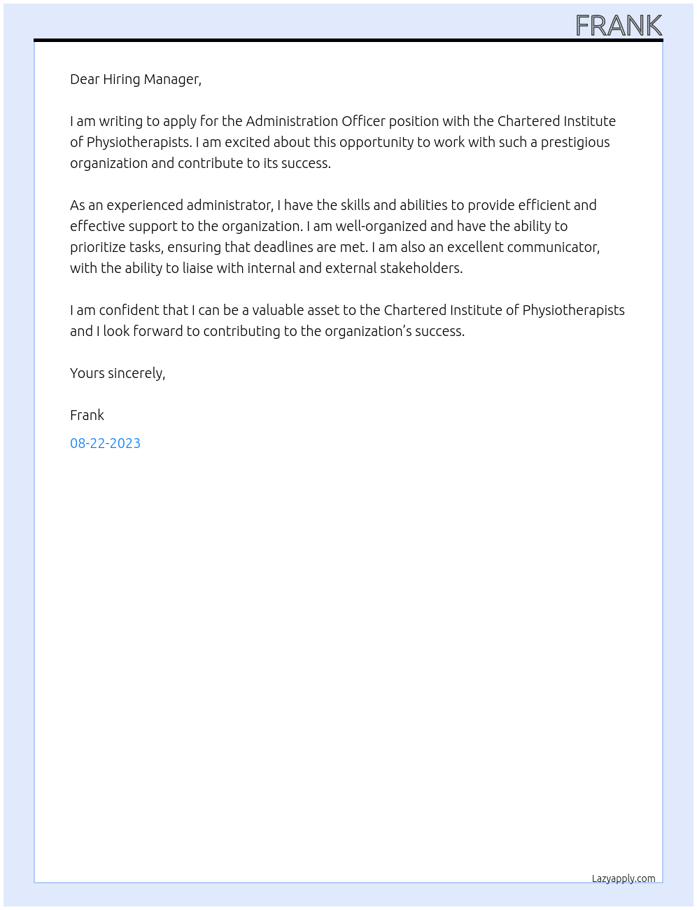 Administration Officer At Chartered Institute of Physiotherapists Cover Letter