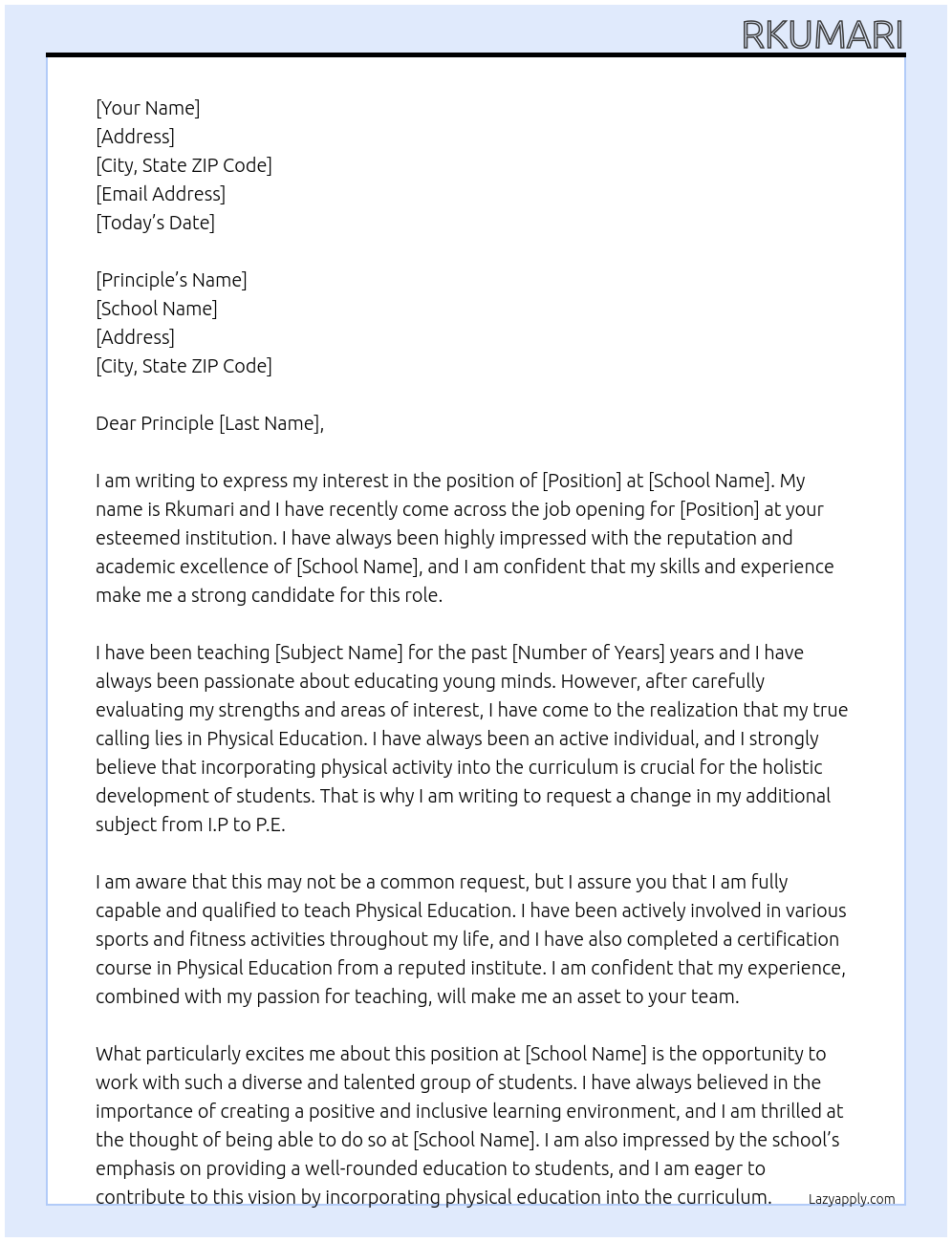 School At Request for changing additional subject from I.P to p.ed Cover Letter